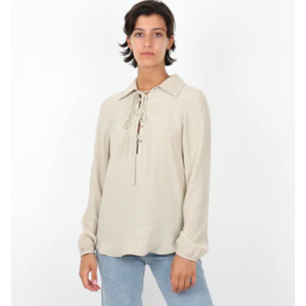 Women Frame V Neck Lace Up Lightweight Silk Long Sleeve in Cream Size Large